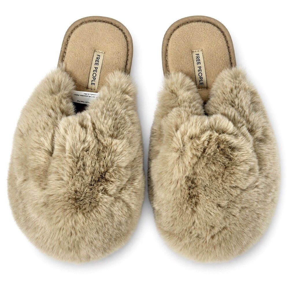 Free People Womens Size 8 Faux Fur Crossover Slippers Beige Cozy Boho Slides